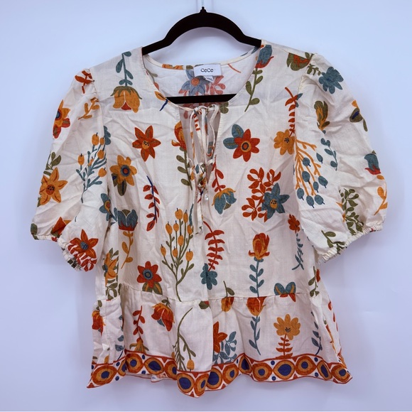 CeCe Floral Boho Peplum Blouse Puff Sleeve Tie Neck Top Size Large - Picture 2 of 6